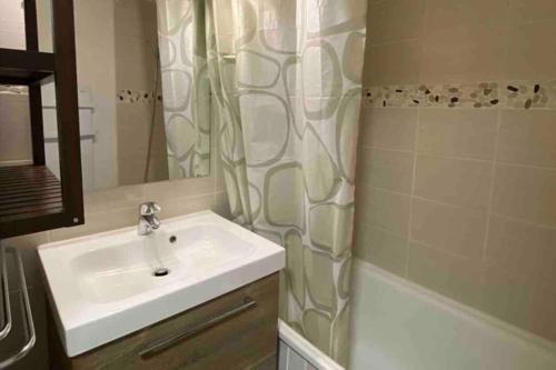 a bathroom with a sink and a shower curtain at GREEN APPLE CARROZ Duplex WIFI Garage Balcon-Sud Vue Montagne in Les Carroz d'Araches