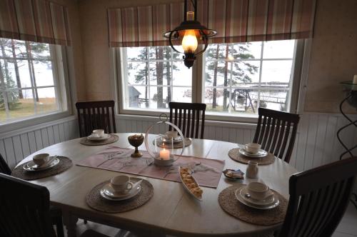 a dining room table with a candle and food on it at Villa Vimpasaari in Hamina