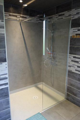 um chuveiro com uma porta de vidro na casa de banho em Gîte La Camarine - Les Estables - 8 places em Les Estables