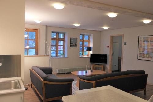 a living room with chairs and a table and a tv at Skjoldbjerg Garnihotel in Vorbasse