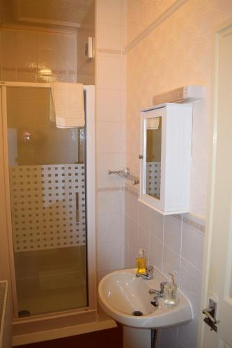uma casa de banho com um lavatório e um chuveiro em Bewdley Hill House em Kidderminster
