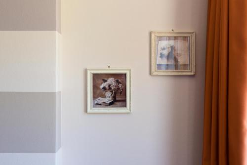 two framed pictures on a wall with a vase of flowers at Animae Natura Hotel & Chalet in Mezzana
