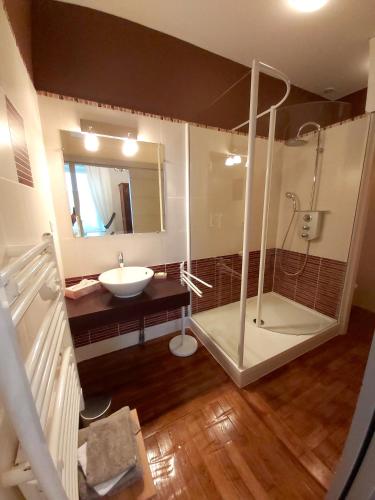 a large bathroom with a sink and a shower at Maison d'hôtes Le Château de Puxe in Puxe