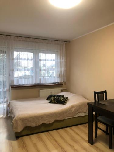 Schlafzimmer mit einem Bett, einem Tisch und einem Fenster in der Unterkunft M.S. Piccolo in Żary