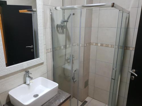 ein Bad mit einem Waschbecken und einer Dusche in der Unterkunft Apartman K5 Milmari Resort in Kopaonik
