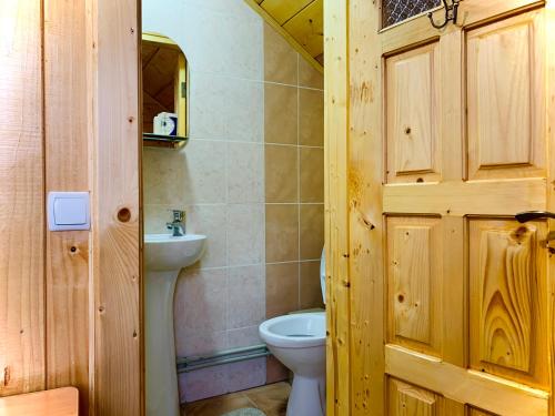 a bathroom with a toilet and a sink at За горбами in Yaremche
