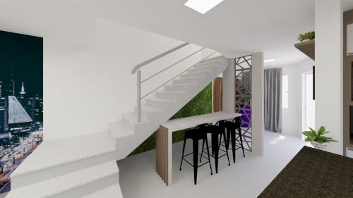 a rendering of a staircase in a house with stools at Casa ENORME, segurança e conforto para sua família in Cascavel
