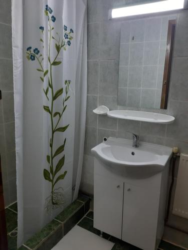 a bathroom with a sink and a shower curtain with a flower on it at CASABLANCA in Craiova
