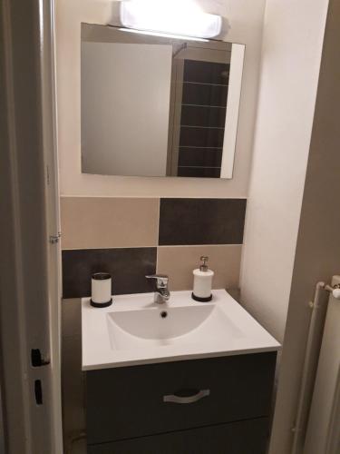 een badkamer met een wastafel en een spiegel bij Appartement la plage in Marseille