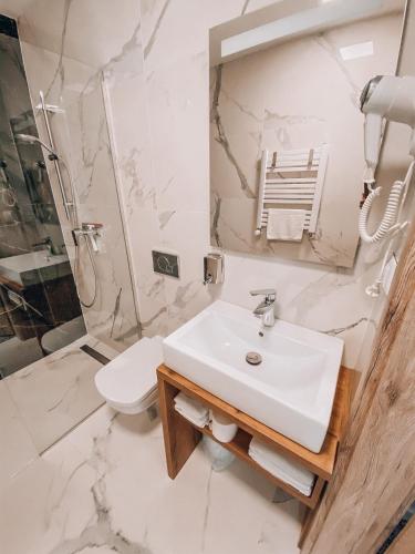 a bathroom with a sink and a shower and a toilet at La Park Aparthotel in Kudowa-Zdrój
