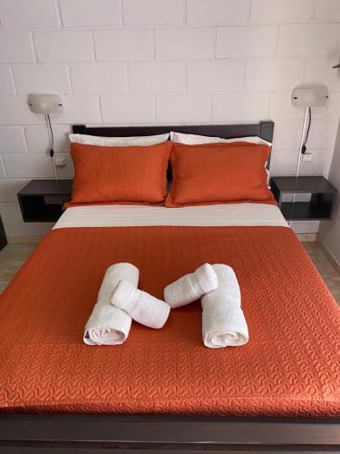 1 cama con 2 toallas y 2 almohadas en Casa Nuova Depto CUATRO en Villa María