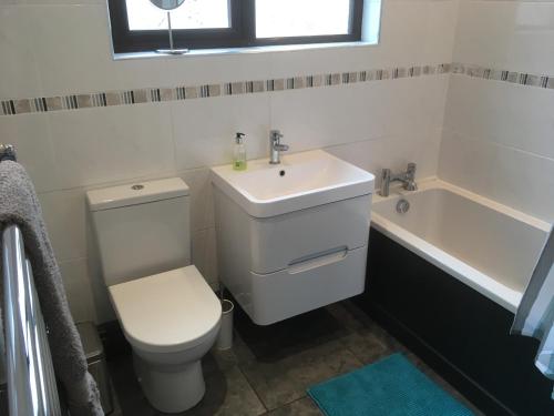 a bathroom with a toilet and a sink and a tub at Forest of Dean Country Cottage in Mitcheldean