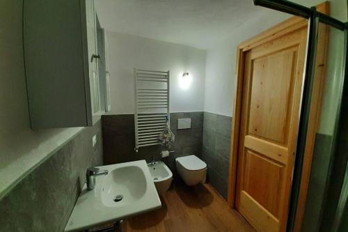 a bathroom with a sink and a toilet at Appartamento vicino al centro da Lori in Bormio