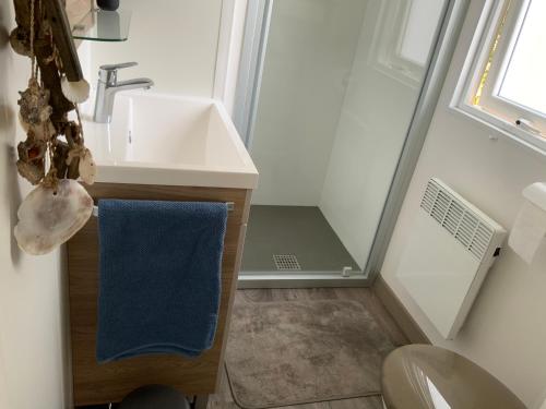 een badkamer met een wastafel en een douche bij Chalet in Renesse in Renesse
