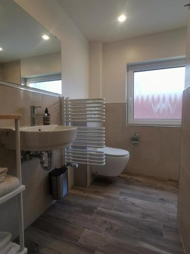 a bathroom with a sink and a toilet and a window at Ihre Ferienwohnung in 67454 Haßloch - Pfalz in Haßloch