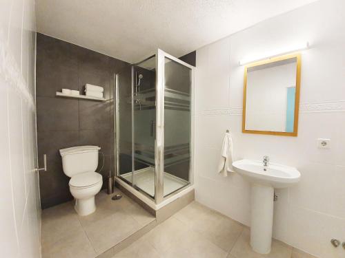 uma casa de banho com um chuveiro, um WC e um lavatório. em Hostal Alicante em Madrid