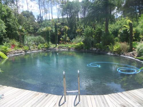 une piscine d'eau avec une terrasse en bois dans l'établissement Chambre studio Verparadis, à Mourèze