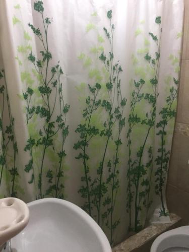 a bathroom with a shower curtain with plants on it at Departamento Libertad in San Salvador de Jujuy