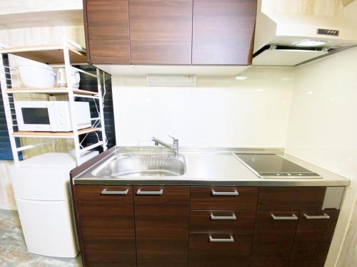 a small kitchen with a sink and a microwave at GLAMPEACE葛飾・四ツ木 in Tokyo