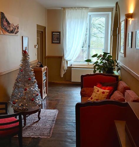 a living room with a christmas tree in it at Maison d'hôtes Le Château de Puxe in Puxe