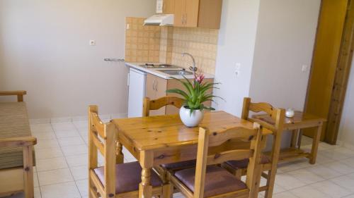 a kitchen with a wooden table with a plant on it at Fani Hotel in Loutra Edipsou