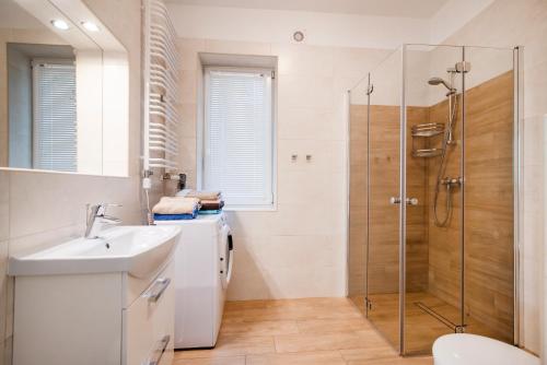 a bathroom with a shower and a sink and a toilet at Apartament pod Żaglem z Widokiem na Jezioro, Oczy Mazur in Giżycko