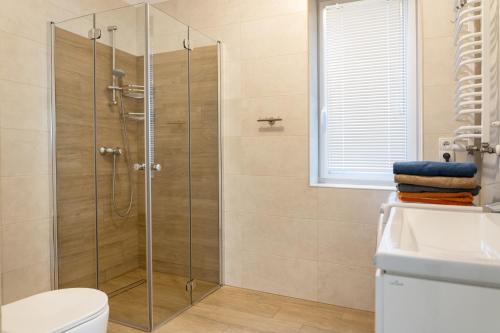 La salle de bains est pourvue d'une douche avec une porte en verre. dans l'établissement Apartament pod Grotem z Widokiem na Jezioro, Oczy Mazur, à Giżycko