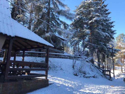 a snow covered cabin with a fence and trees at DMK in Divčibare
