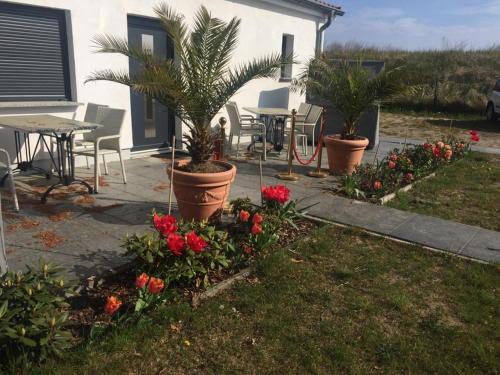 eine Terrasse mit einem Tisch und einigen Pflanzen und Blumen in der Unterkunft Strandidyll in Ückeritz