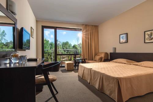 Habitación de hotel con cama y escritorio en Flamingo Hotel Sunny Beach, en Sunny Beach
