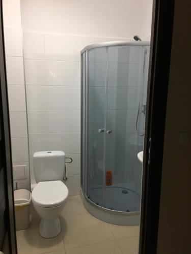 a bathroom with a toilet and a glass shower at Ametyst Hostel in Krakow