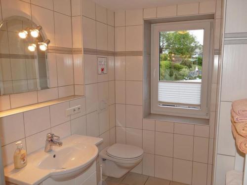 a bathroom with a toilet and a sink and a window at Ferienwohnung Hacke in Schmallenberg