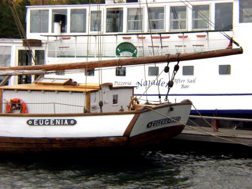 a boat sitting in the water next to a dock at Hotel & Cafe Lanterna in Nauvo