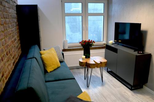 a living room with a couch and a television at LOFT MAŁY in Kościerzyna