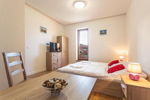 Dormitorio con cama, escritorio y TV en Mountain Apartment Panorama Klinovec, en Loucná pod Klínovcem