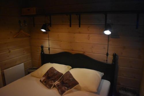 a bedroom with a bed with two pillows and two lights at Norbel Hytte Norway in Vradal