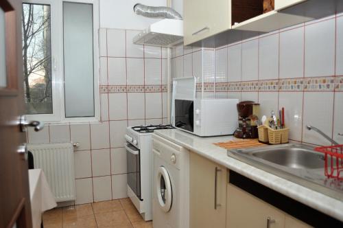 a kitchen with a sink and a washing machine at Gamma Group Accommodation in Bucharest