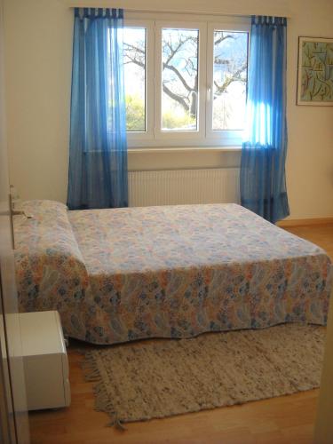 a bedroom with a bed and a window with blue curtains at Casa Alice in Locarno