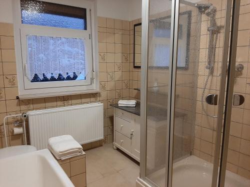 y baño con ducha y lavamanos. en Haus mit Ausblick 3 Schlafzimmer, en Wilkau-Haßlau