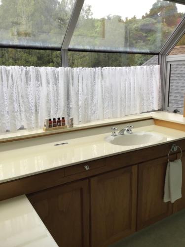 łazienka z umywalką i oknem w obiekcie Woodland Glen Lodge B&B w mieście Hokitika