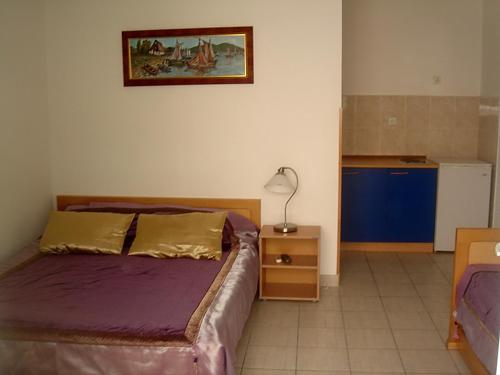 a bedroom with a bed with purple sheets and a lamp at Apartments Odalović in Bijela
