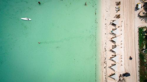 una vista aérea de una playa con un barco en el agua en Villas Caracol en Holbox Island