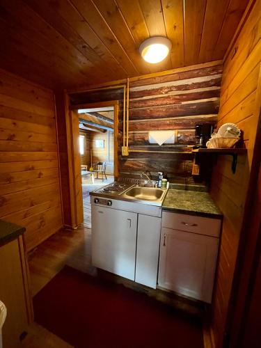 a kitchen with a sink and a counter top at Beyul Retreat in Meredith