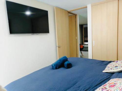 a bedroom with a bed with a large television on the wall at Taniveths House in Mexico City