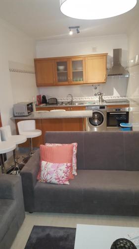 a couch with a pink pillow in a kitchen at Apartamento luminoso Urb. Quinta das Palmeiras in Porches