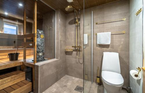 a bathroom with a toilet and a shower at Kultahippu Hotel & Apartments in Ivalo