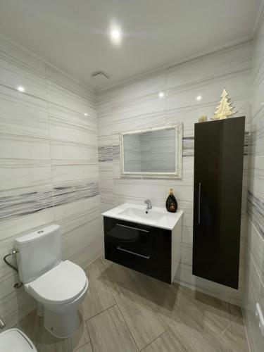 a white bathroom with a toilet and a sink at Sodyba "Kristina" in Biržai