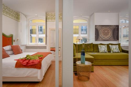 two pictures of a bedroom with a bed and a couch at Once Upon Lisboa Family Units in Lisbon