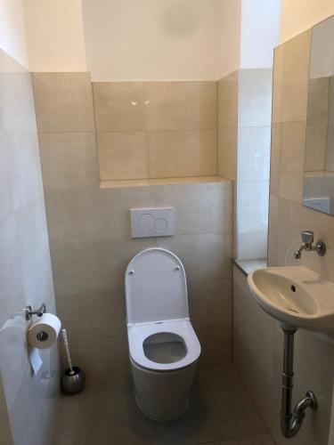 a small bathroom with a toilet and a sink at Hotel Pension Schmellergarten in Munich