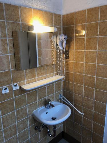 a bathroom with a sink and a mirror at Hotel Pension Schmellergarten in Munich